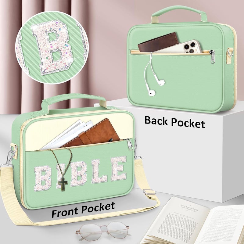 FINPAC Large Bible Cover w/Shoulder Strap, Carrying Book Case Church Bag Bible Protective w/Pen Slots and Zippered Pocket, Gift for Women Lady, Letter Green - Image 2